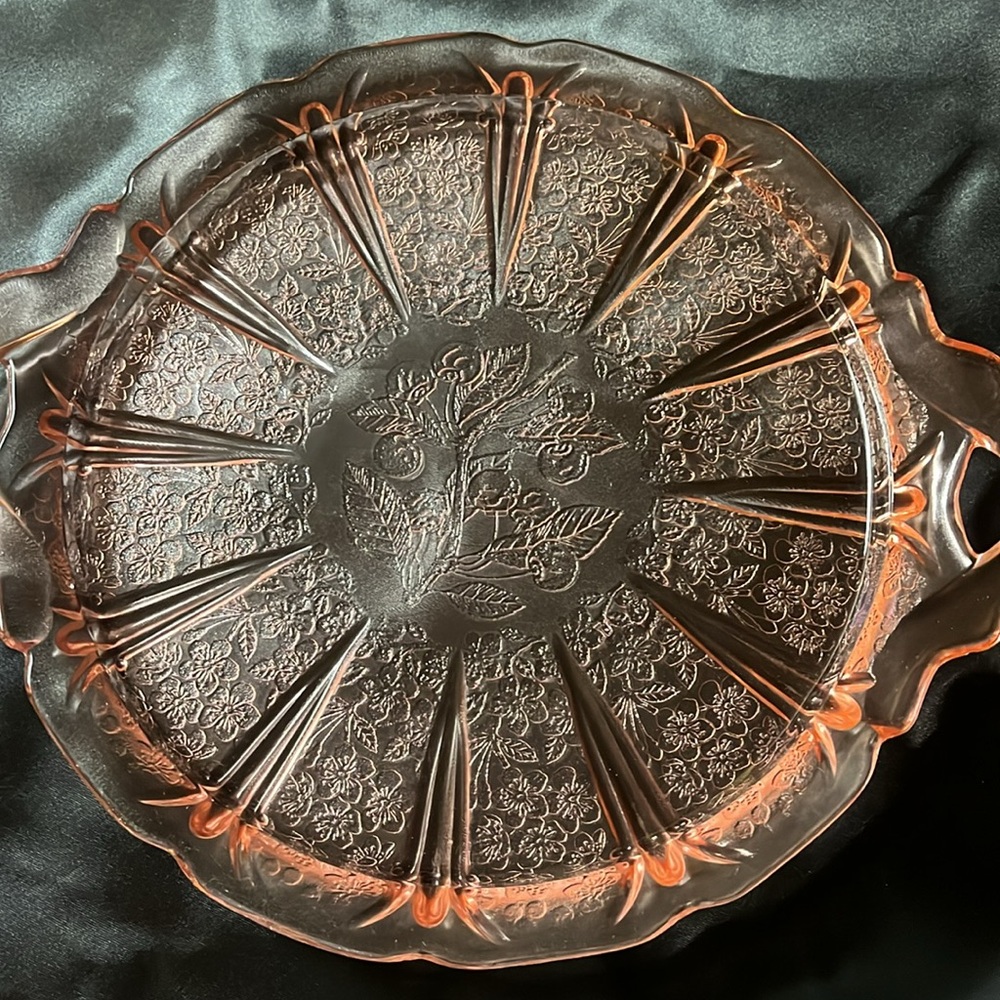 Vintage Jeannette Glass Pink Cherry Blossom Round Serving/Cake Plate Tray